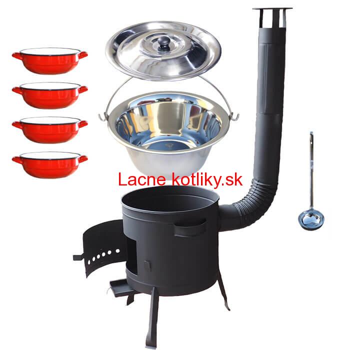 Nerezový kotlík 22 L (0,8 mm) INOX + selské misky 4 ks + nízka žiaruvzdorná kotlina 42 cm PLUS 600