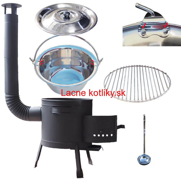 Nerezový kotlík 20 L (0,8 mm) s nitmi INOX + Nerezový rošt 45 cm + nízka žiaruvzdorná kotlina 42 cm PLUS 600