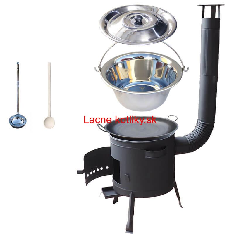 Nerezový kotlík 20 L (1,2 mm) INOX + železná panvica 46 cm WOK + nízka žiaruvzdorná kotlina 42 cm PLUS 600