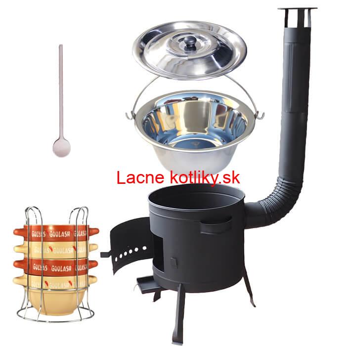 Nerezový kotlík 22 L (0,8 mm) INOX + misky na guláš 4 ks + nízka žiaruvzdorná kotlina 42 PLUS 600