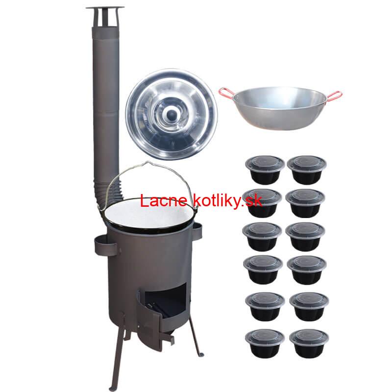 Smaltovaný kotlík 22 L + Panvica PAELLA (WOK) 45 cm + misky 12 ks + žiaruvzdorná kotlina 42 PLUS 600 s roštom na popol 4 mm