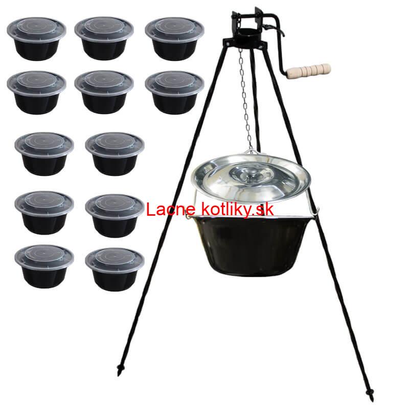 Smaltovaný kotlík 25 L + stojan s kladkou VAR + misky 12 ks