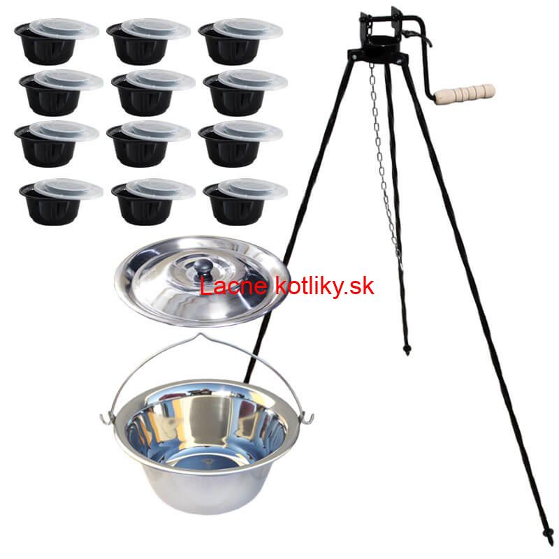 Nerezový kotlík 14 L (0,8 mm) INOX+ stojan s kladkou VAR + misky 12 ks