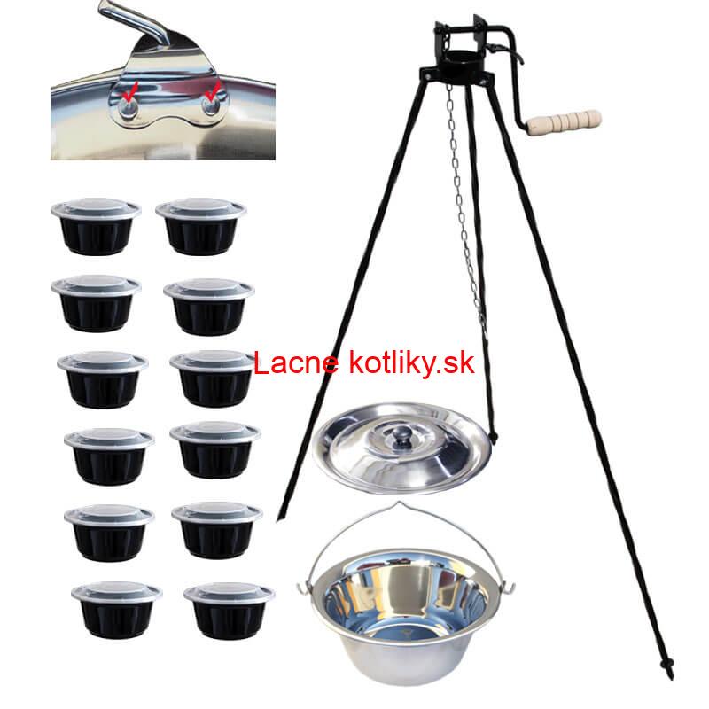 Antikorový kotlík 15 L (0,8 mm) s nitmi + stojan s kladkou VAR + misky 12 ks