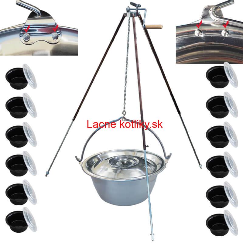 Antikorový kotlík 30 L (0,8 mm) s nitmi + teleskopická trojnožka s poistnou kladkou + misky 12 ks
