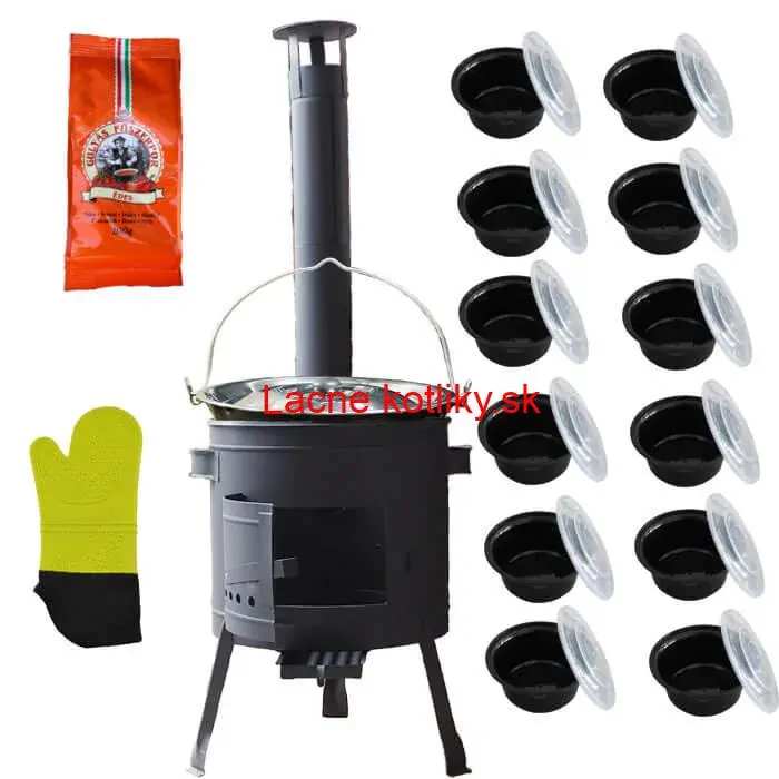 Smaltovaný kotlík 22 L (1,2 mm) + misky 12 ks + nízka žiaruvzdorná kotlina (1,5 mm) 42 PLUS 600