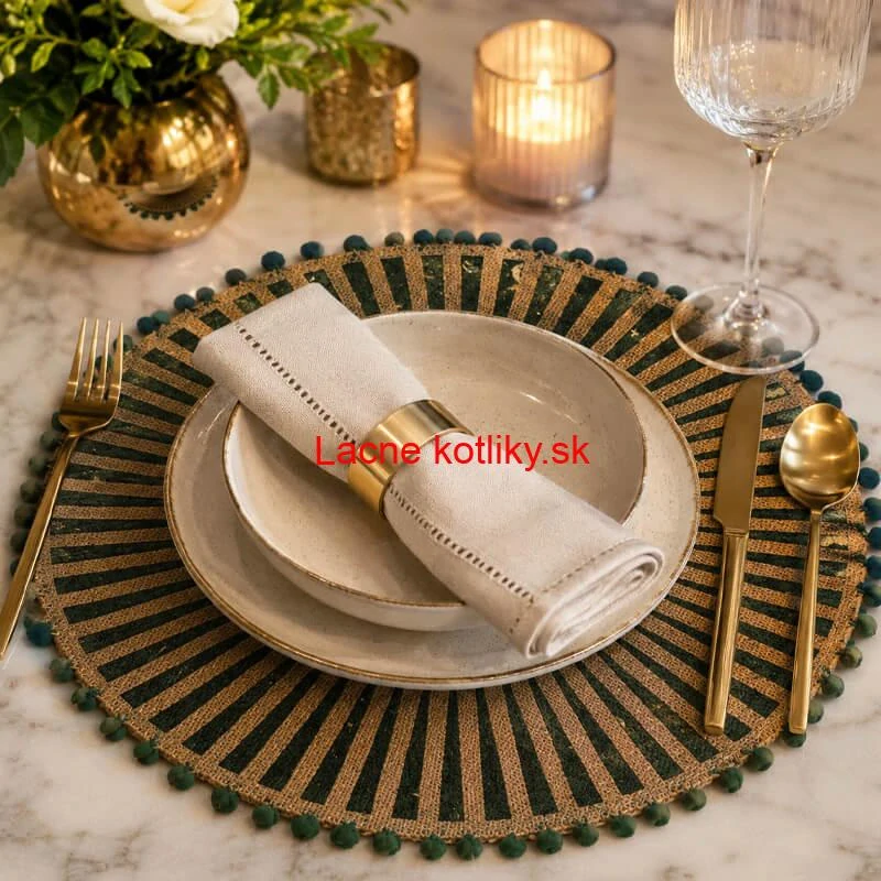 Okrúhla jutová podložka pod tanier zelená s pompónmi 37 cm