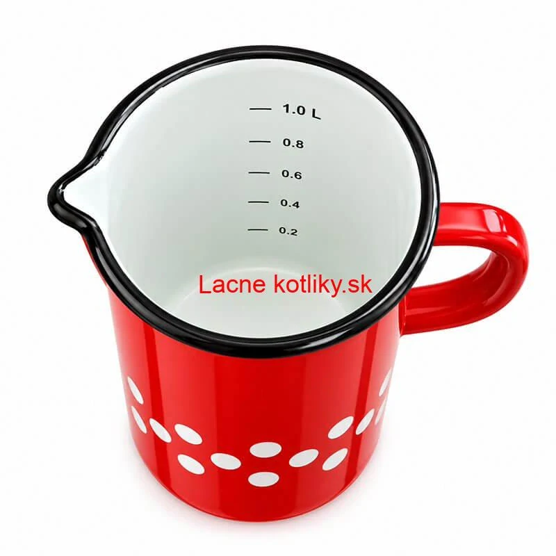 Smaltovaný hrnček červený s bielymi bodkami 1 l úzky