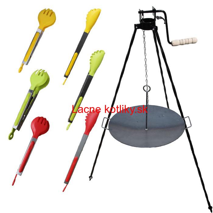 Železná panvica 44 cm s uškami a so závesným držiakom + trojnožka s poistnou kladkou a obracačka na mäso PARTY 1