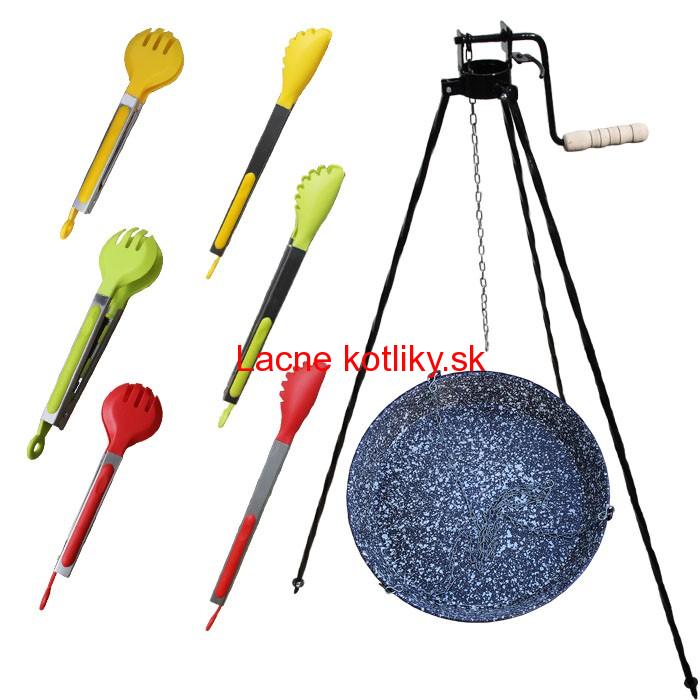 Smaltovaná panvica s retiazkou 42 cm + trojnožka s poistnou kladkou a obracačka na mäso GRILL PARTY 1