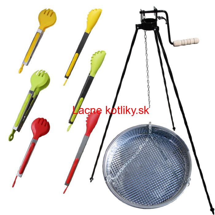 Nerezová panvica s retiazkou 49 cm + trojnožka s poistnou kladkou a obracačka na mäso GRILL PARTY 3