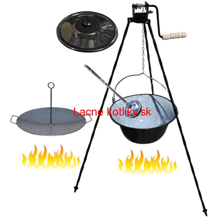 Smaltovaný kotlík 16 L (1,2 mm) + panvica na grilovanie a stojan s kladkou VAR