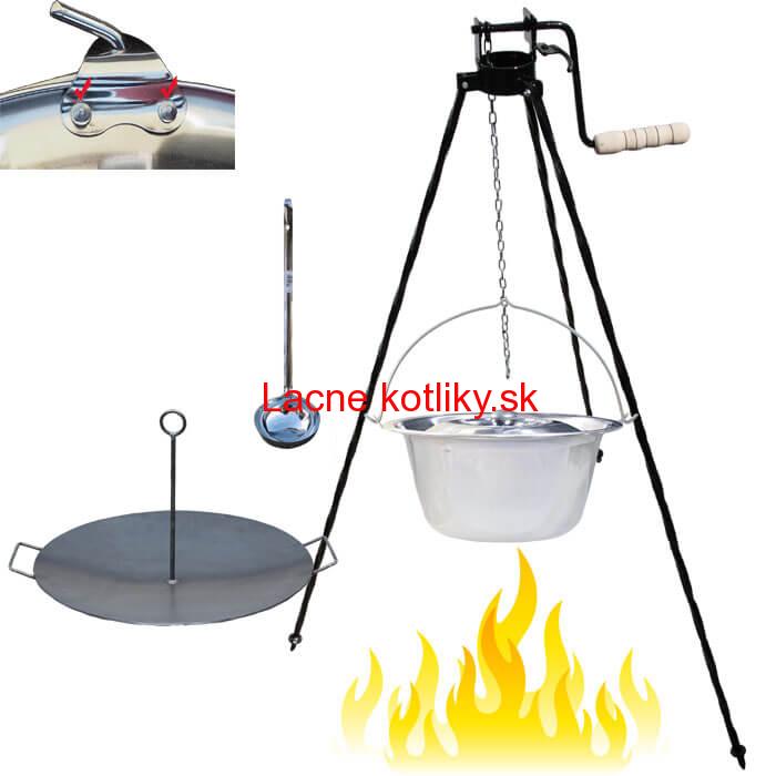 Antikorový kotlík 20 L (0,8 mm) s nitmi + panvica na grilovanie a stojan s kladkou VAR