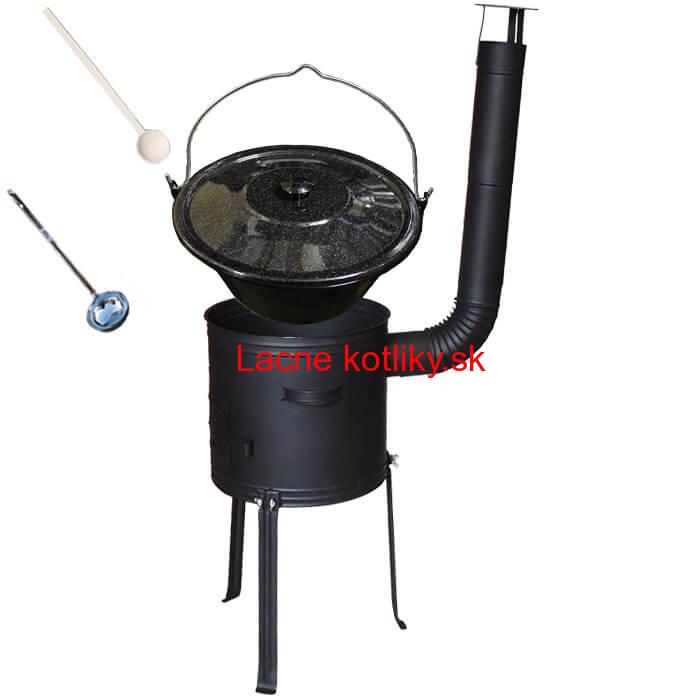 Smaltovaný kotlík 30 L + kovová kotlina s vysokými nožičkami 42 cm + vareška a naberačka