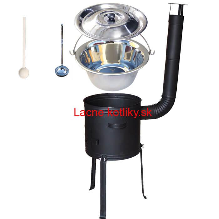 Antikorový kotlík 15 L (1,2 mm) + kovová kotlina s vysokými nožičkami 36 cm, žiaruvzdorná farba Plus 700 + vareška a naberačka