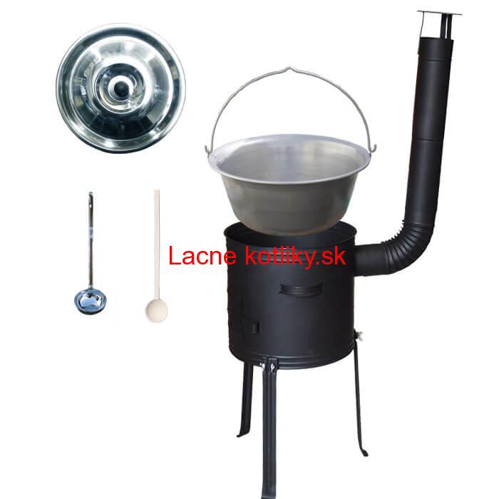 Nerezový kotlík 15 L (1,5 mm) + kovová kotlina s vysokými nožičkami 36 cm, žiaruvzdorná farba Plus 700 + vareška a naberačka