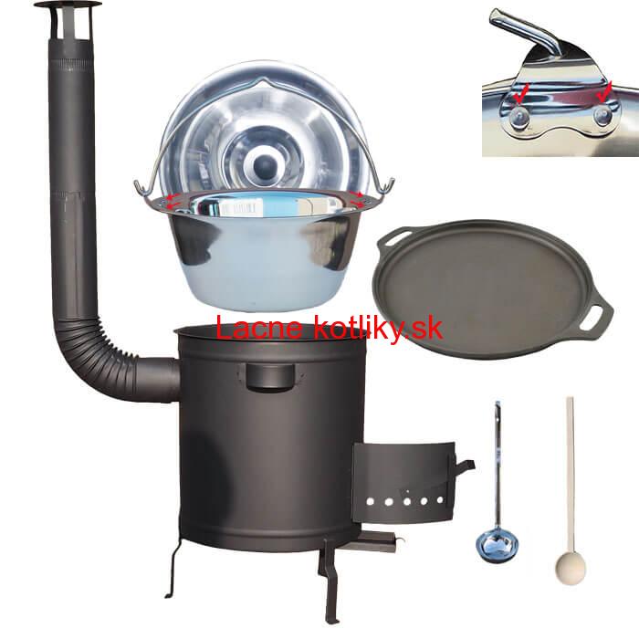 Nerezový kotlík 20 L (0,8 mm) zosilnený s nitmi + Liatinová panvica 43 cm + hrubostenná (1,5 mm) a žiaruvzdorná kotlina 42 PLUS 600