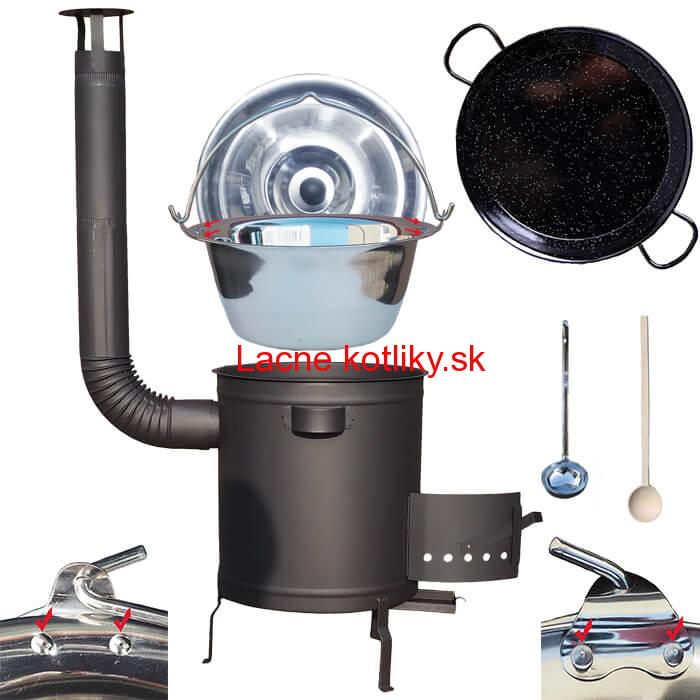 Nerezový kotlík 15 L (0,8 mm) zosilnený s nitmi + Paella panvica 38 cm + hrubostenná (1,5 mm) žiaruvzdorná kotlina 36 PLUS 600