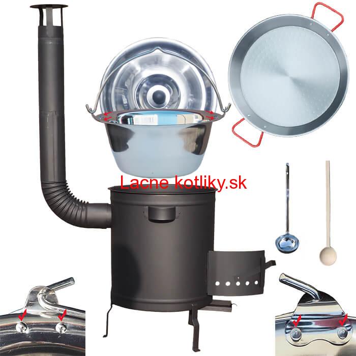 Nerezový kotlík 15 L (0,8 mm) zosilnený s nitmi + Paella panvica 38 cm + hrubostenná (1,5 mm) žiaruvzdorná kotlina 36 PLUS 600