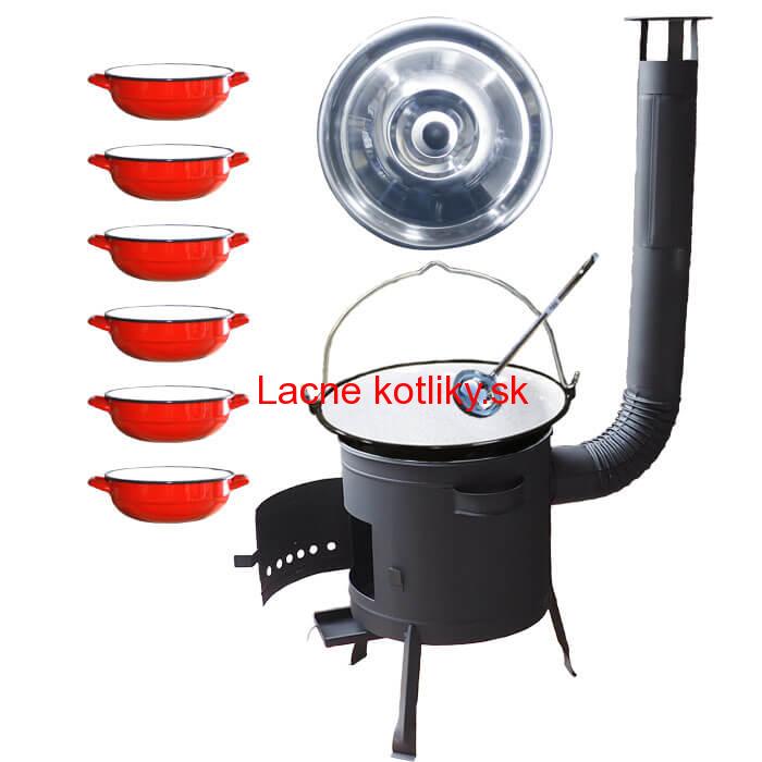 Smaltovaný kotlík 20 L + selské misky 6 ks + nízka žiaruvzdorná kotlina 42 cm PLUS 600