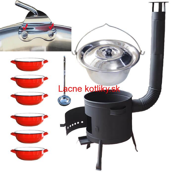 Nerezový kotlík 15 L (0,8 mm) s nitmi INOX + selské misky 6 ks + nízka žiaruvzdorná kotlina 36 cm PLUS 600