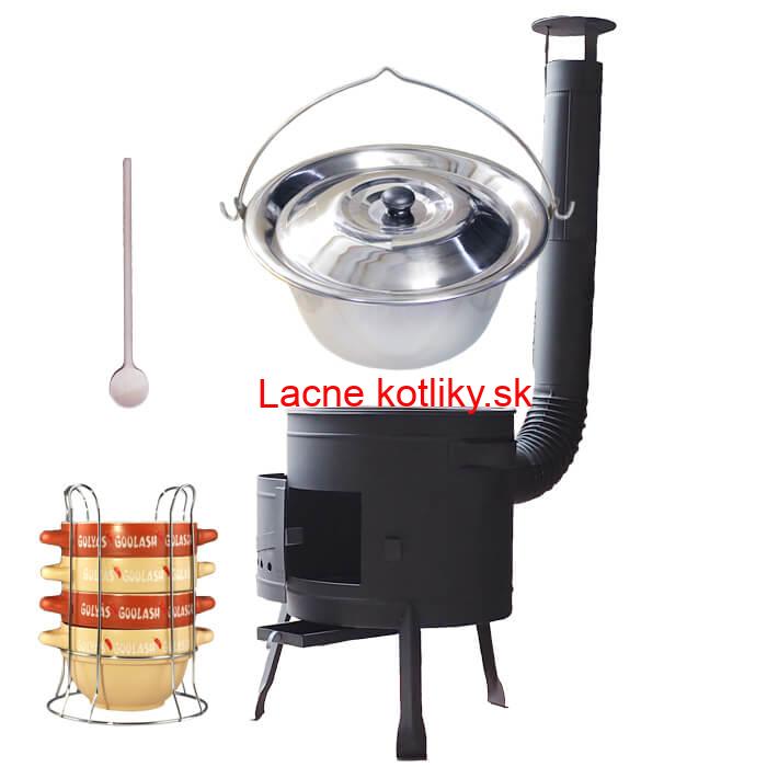 Nerezový kotlík 22 L (0,8 mm) INOX + misky na guláš 4 ks + nízka žiaruvzdorná kotlina 42 PLUS 600