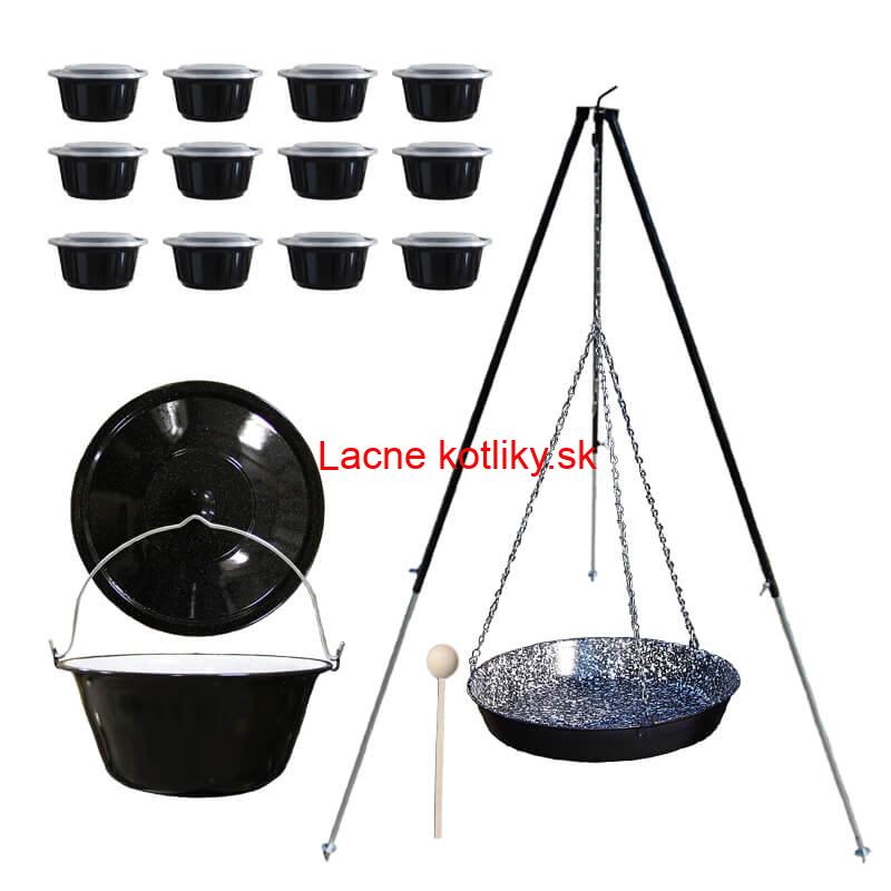 Smaltovaný kotlík 30 L + panvica na grilovanie + teleskopická trojnožka + misky 12 ks