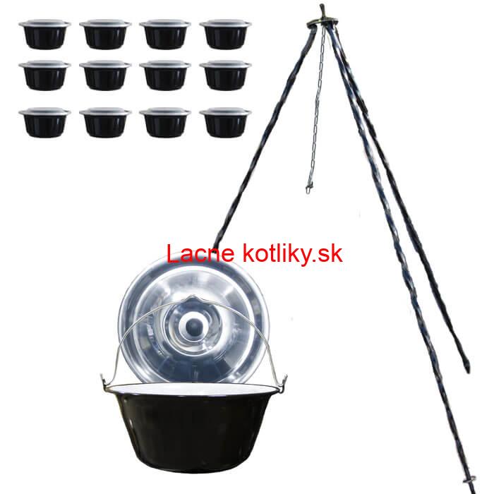 Smaltovaný kotlík 13 L + pokrievka + stojan + misky 12 ks