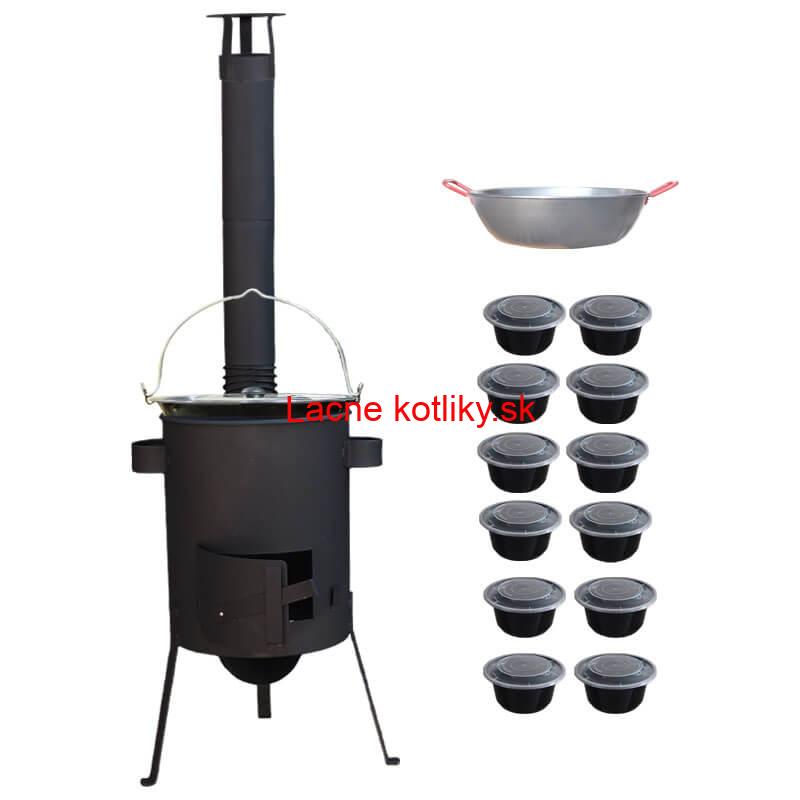 Smaltovaný kotlík 22 L + Panvica PAELLA (WOK) 45 cm + misky 12 ks + žiaruvzdorná kotlina 42 PLUS 600 s roštom na popol 4 mm