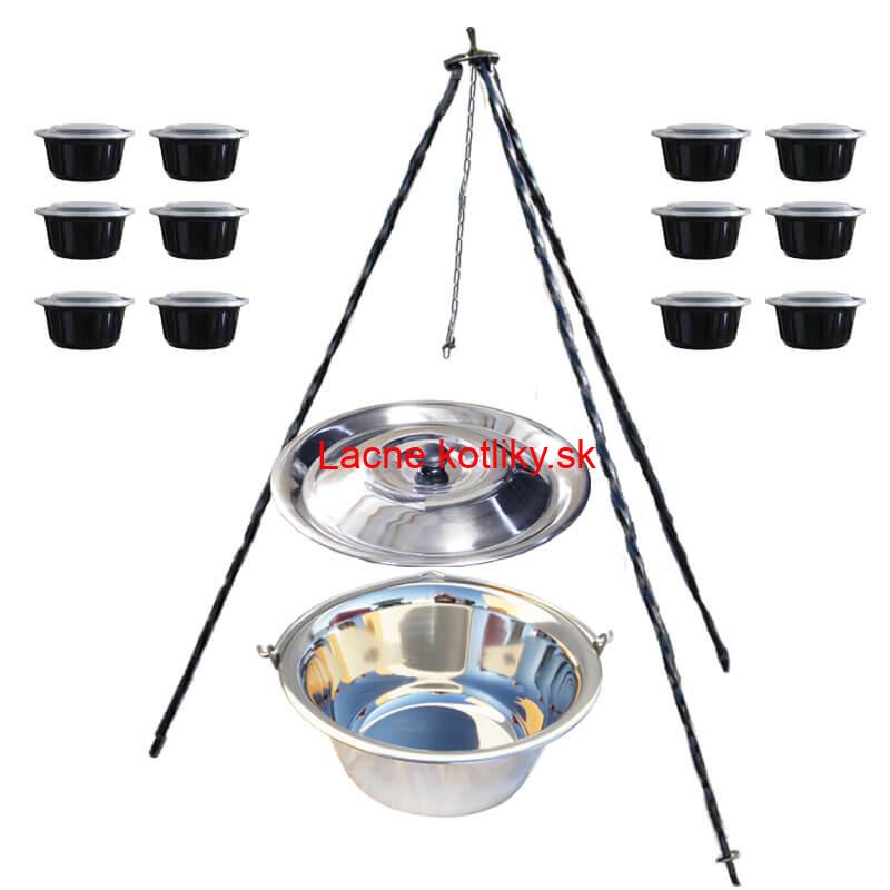 Nerezový kotlík 14 L (0,8 mm) + antikorová pokrievka + stojan + misky 12 ks