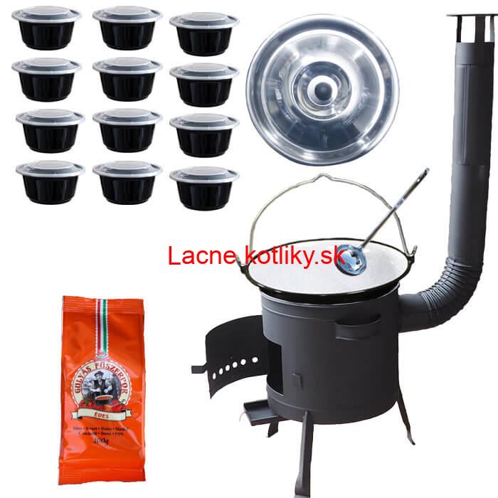 Smaltovaný kotlík 25 L (1,2 mm) + pokrievka + misky 12 ks + nízka žiaruvzdorná kotlina (0,8 mm) 42 PLUS 600