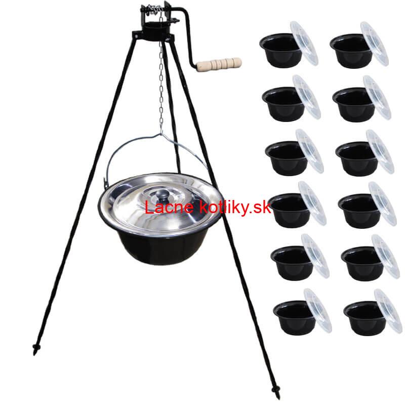 Smaltovaný kotlík 25 L + stojan s kladkou VAR + misky 12 ks