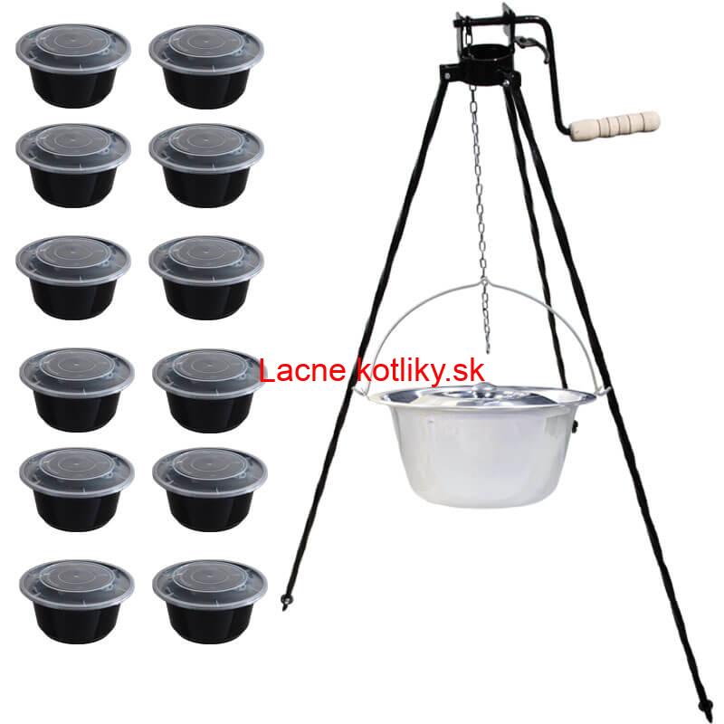 Nerezový kotlík 14 L (0,8 mm) INOX+ stojan s kladkou VAR + misky 12 ks