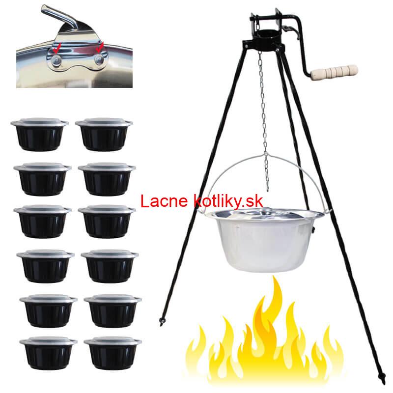 Antikorový kotlík 15 L (0,8 mm) s nitmi + stojan s kladkou VAR + misky 12 ks