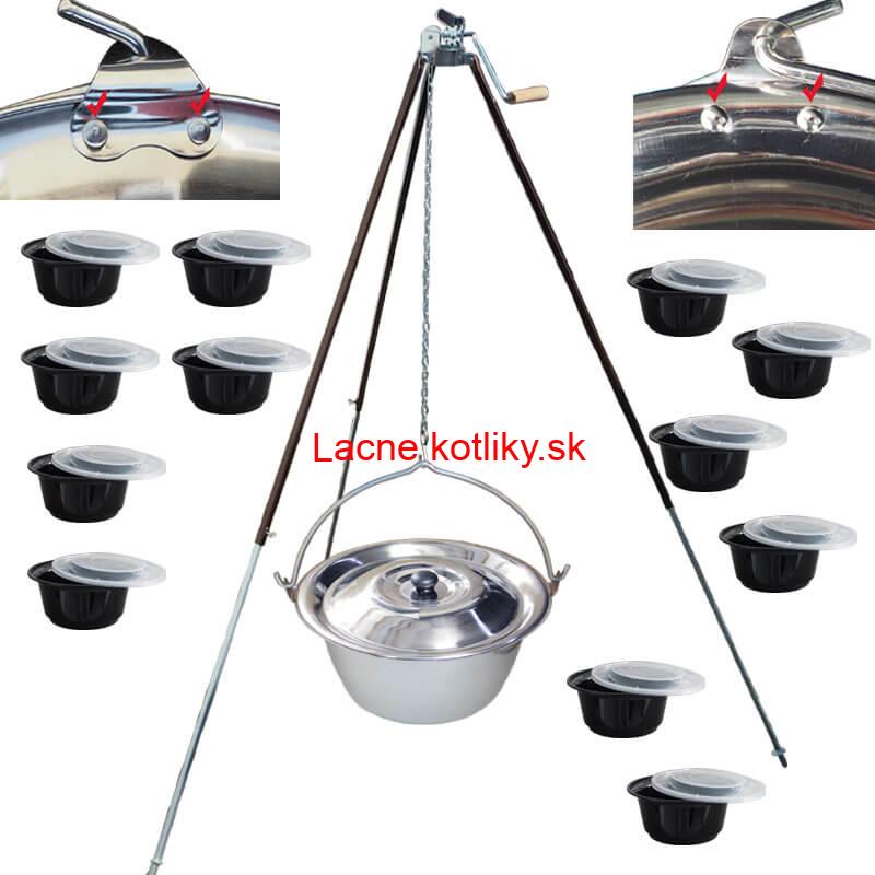 Antikorový kotlík 30 L (0,8 mm) s nitmi + teleskopická trojnožka s poistnou kladkou + misky 12 ks