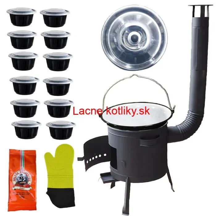 Smaltovaný kotlík 22 L (1,2 mm) + misky 12 ks + nízka žiaruvzdorná kotlina (1,5 mm) 42 PLUS 600