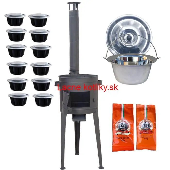 Nerezový kotlík 22 L (0,8 mm) INOX + vysoká žiaruvzdorná  kotlina 42 cm PLUS 600 + misky 12 ks + 2 x korenie na guláš 100 g