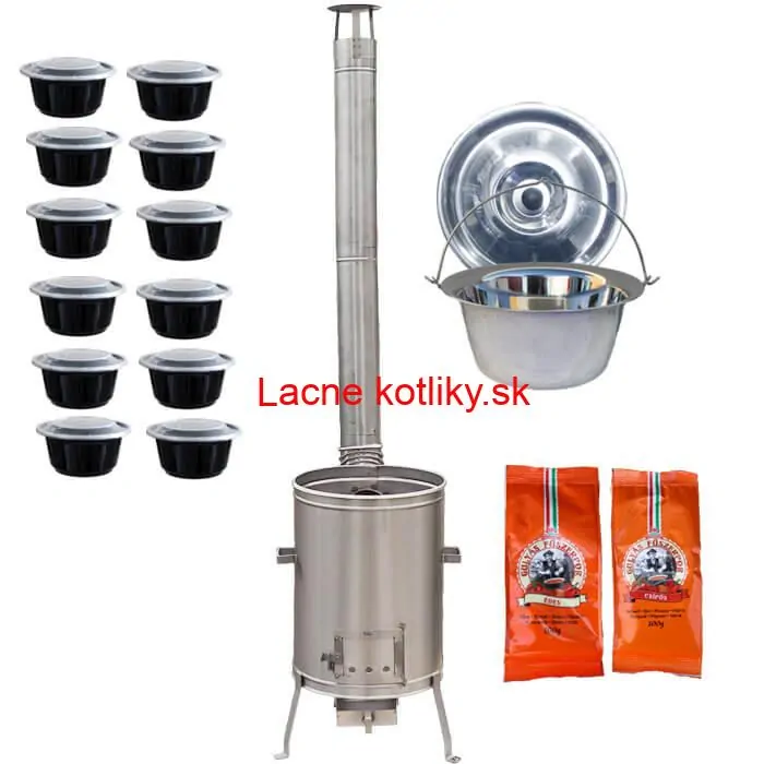 Nerezový kotlík 22 L (0,8 mm) INOX + nerezová kotlina 42 cm LUX + misky 12 ks + 2 x korenie na guláš 100 g