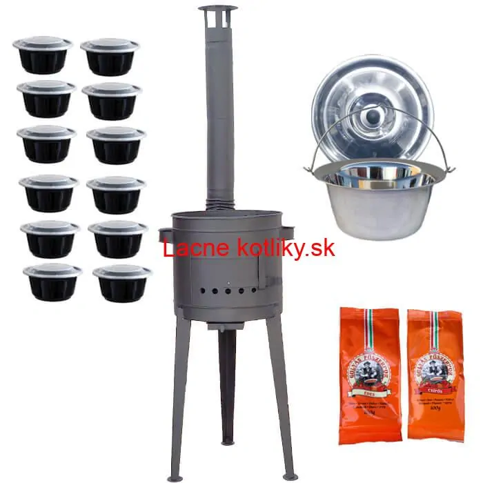 Nerezový kotlík 22 L (0,8 mm) INOX + vysoká žiaruvzdorná kotlina (1,5 mm) HODO 42 cm PLUS 600 + misky 12 ks + 2 x korenie na guláš 100 g
