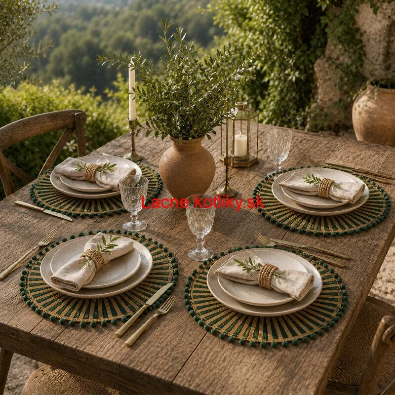 Okrúhle jutové podložky pod tanier zelené s pompónmi 37 cm, 4 ks